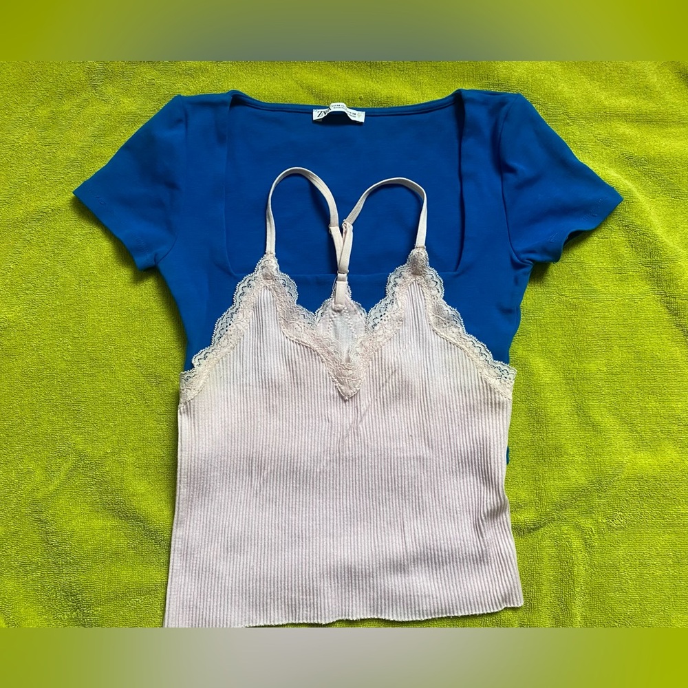 Zara Blue Top with Pink Lace Camisole